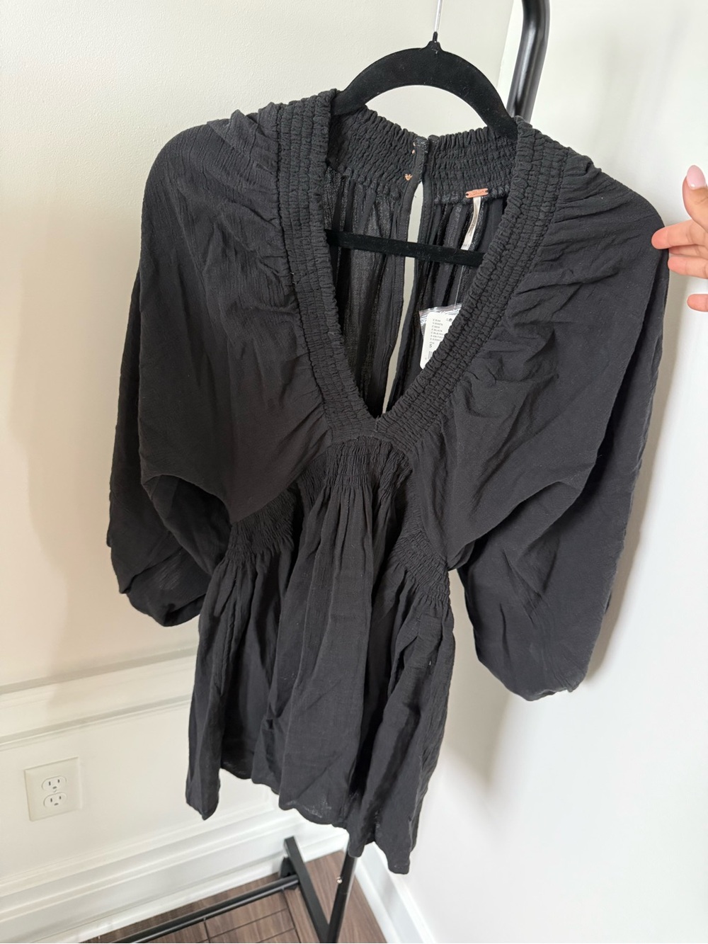 Free People Black V-Neck Smocked Waist Dress